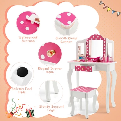 Costway Kid Vanity Set Wooden Makeup Table Stool Tri-Folding Mirror Polka Dot Print Pink 6 Costway Kid Vanity Set Wooden Makeup Table Stool Tri-Folding Mirror Polka Dot Print Pink - Image 6