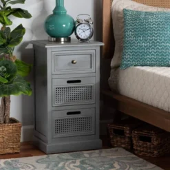 Sheldon Vintage Wood And Synthetic Rattan 3 Drawer Nightstand Gray - Baxton Studio -DreamNest Store GUEST 6b9b9b34 70ba 42a0 89d7 8860b8b09404