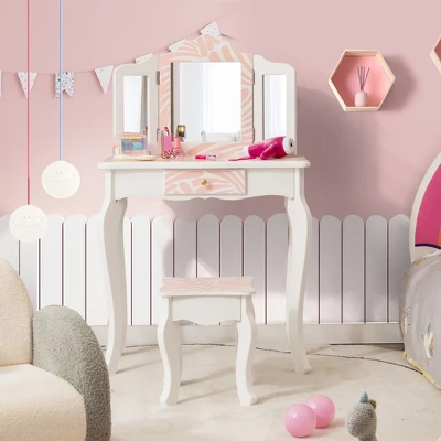 Costway Kid Vanity Set Wooden Makeup Table Stool Tri-Folding Mirror Zebra-Stripe Pink 1 Costway Kid Vanity Set Wooden Makeup Table Stool Tri-Folding Mirror Zebra-Stripe Pink