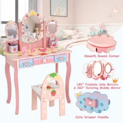 Costway Kids Vanity Princess Makeup Dressing Table Chair Set W/ Tri-fold Mirror Pink 15 Costway Kids Vanity Princess Makeup Dressing Table Chair Set W/ Tri-fold Mirror Pink -DreamNest Store GUEST 6c6e5203 8577 4ba8 a462 5f1baaefc94a