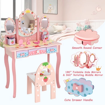 Costway Kids Vanity Princess Makeup Dressing Table Chair Set W/ Tri-fold Mirror Pink 7 Costway Kids Vanity Princess Makeup Dressing Table Chair Set W/ Tri-fold Mirror Pink - Image 7