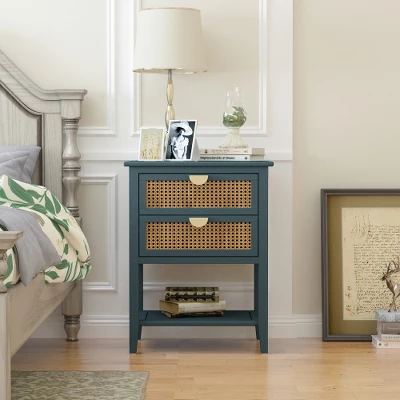 Archie 28.35"H X 15.75"D X 22.05"W Ash Wood Veneer 2 Drawer With Naturel Rattan And Pine Legs Nightstand With Storage - The Pop Maison 2 Archie 28.35"H X 15.75"D X 22.05"W Ash Wood Veneer 2 Drawer With Naturel Rattan And Pine Legs Nightstand With Storage - The Pop Maison - Image 2