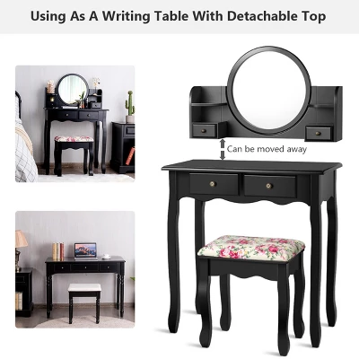 Tangkula Vanity Table Set W/Detachable Mirror & Stool Black/White 3 Tangkula Vanity Table Set W/Detachable Mirror & Stool Black/White - Image 3