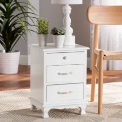 Layton Wood 3 Drawer Nightstand White - Baxton Studio -DreamNest Store GUEST 71dcd94d f980 4ec1 bd8f b2f3f6a1be4c