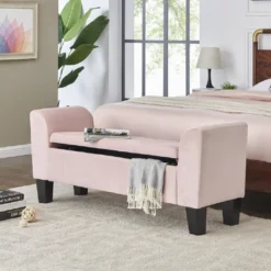 Simple Relax Bedroom Velvet Bench With Storage In Pink
