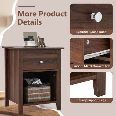 Costway 2 PCS Nightstand Side Table With Drawer Open Shelf For Living Room Bedroom Walnut/Brown 5 Costway 2 PCS Nightstand Side Table With Drawer Open Shelf For Living Room Bedroom Walnut/Brown - Image 5
