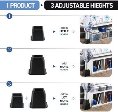 Adjustable Bed Risers - Heavy Duty Furniture Riser Set Of 4 In Heights Of 8, 5, Or 3 Inches For Table Risers, Bed Frame Risers In Black – Homeitusa 2 Adjustable Bed Risers - Heavy Duty Furniture Riser Set Of 4 In Heights Of 8, 5, Or 3 Inches For Table Risers, Bed Frame Risers In Black – Homeitusa - Image 2