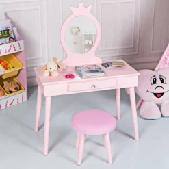 Costway Kids Vanity Makeup Table & Chair Set Make Up Stool Play Set For Children -DreamNest Store GUEST 73691811 7aa9 4cf7 814d d4713b24ff86