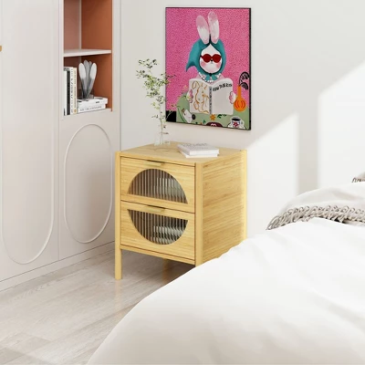 Aash 2 Drawer Nightstand With Shelf,Bedside Table Bamboo With Storage (22.05"H*17.72"W*14.97"D)-The Pop Home 1 Aash 2 Drawer Nightstand With Shelf,Bedside Table Bamboo With Storage (22.05"H*17.72"W*14.97"D)-The Pop Home