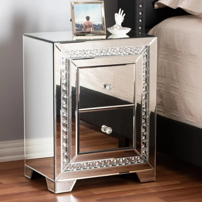 Baxton Studio Mina Mirrored 2 Drawer Nightstand Bedside Table Silver - BaxtonStudio 2 Baxton Studio Mina Mirrored 2 Drawer Nightstand Bedside Table Silver - BaxtonStudio - Image 2