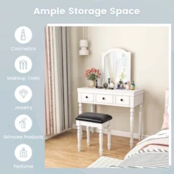 Costway Vanity Table Set Makeup Desk Cushioned Stool 3 Drawer Large Mirror White/Walnut -DreamNest Store GUEST 752a0803 d0d9 4707 ae0d d474e927f7a2