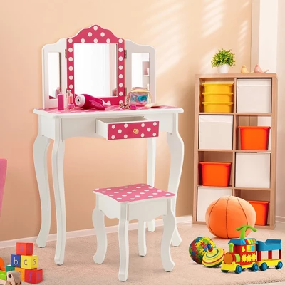 Costway Kid Vanity Set Wooden Makeup Table Stool Tri-Folding Mirror Polka Dot Print Pink 1 Costway Kid Vanity Set Wooden Makeup Table Stool Tri-Folding Mirror Polka Dot Print Pink