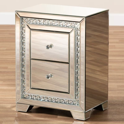 Baxton Studio Mina Mirrored 2 Drawer Nightstand Bedside Table Silver - BaxtonStudio 3 Baxton Studio Mina Mirrored 2 Drawer Nightstand Bedside Table Silver - BaxtonStudio - Image 3