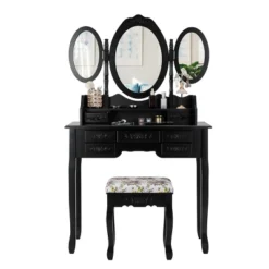 Tangkula Tri-Folding Mirror Vanity Makeup Set Dressing Table & Stool Unit W/ 7 Drawer -DreamNest Store GUEST 7b46e1a1 f79d 4802 968a 2b735d15a0ea