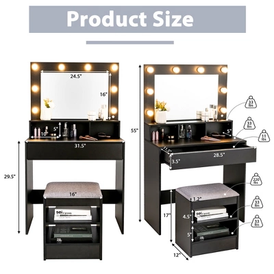 Costway Vanity Table Set With Lighted Mirror 8 LED Bulbs Large Drawer Cushion Stool 1 Costway Vanity Table Set With Lighted Mirror 8 LED Bulbs Large Drawer Cushion Stool