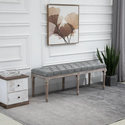 HOMCOM Sitting Bench Tufted Upholstered Fabric Ottoman With Rubberwood Legs For Living Room, Bedroom, Hallway, Grey 1 HOMCOM Sitting Bench Tufted Upholstered Fabric Ottoman With Rubberwood Legs For Living Room, Bedroom, Hallway, Grey