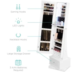 Best Choice Products 360 Swivel Standing Mirrored Jewelry Cabinet, LED-Lit Makeup Organizer W/ Mirror - White -DreamNest Store GUEST 8101c648 c246 41fe a99d 84d5be6ee48a