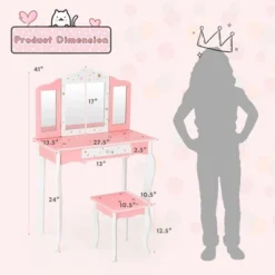 Costway Kids Vanity Princess Makeup Dressing Table Chair Set W/ Tri-folding Mirror