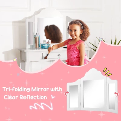 Costway Kid Vanity Table Set With Tri-folding Mirror 2-in-1 Makeup Dressing Table Stool Set 7 Costway Kid Vanity Table Set With Tri-folding Mirror 2-in-1 Makeup Dressing Table Stool Set - Image 7