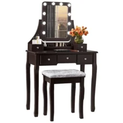 Costway Vanity Dressing Table Set W/ 10 Dimmable Bulbs Touch Switch Cushion Stool WhiteBlackBrown -DreamNest Store GUEST 86742648 d6d8 466e 937b efaf1fb4e8a3