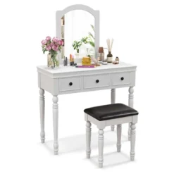 Costway Vanity Table Set Makeup Desk Cushioned Stool 3 Drawer Large Mirror White/Walnut -DreamNest Store GUEST 8821c51e e8e4 420a 9c14 c4e33c188562