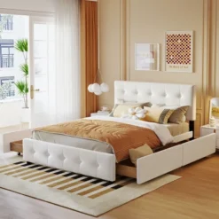 Upholstered Queen Size Platform Bed With Classic Headboard And 4 Drawers-ModernLuxe -DreamNest Store GUEST 8960b82b bae7 4c73 8608 4752508f0e1c