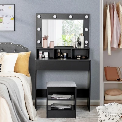 Costway Vanity Table Set With Lighted Mirror 8 LED Bulbs Large Drawer Cushion Stool 2 Costway Vanity Table Set With Lighted Mirror 8 LED Bulbs Large Drawer Cushion Stool - Image 2