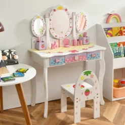 Costway Kids Vanity Princess Makeup Dressing Table Chair Set W/ Tri-fold Mirror White