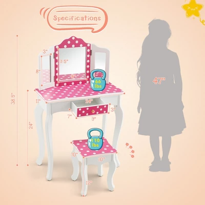 Costway Kid Vanity Set Wooden Makeup Table Stool Tri-Folding Mirror Polka Dot Print Pink 3 Costway Kid Vanity Set Wooden Makeup Table Stool Tri-Folding Mirror Polka Dot Print Pink - Image 3