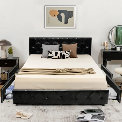 Costway Upholstered Platform Bed W/ 4 Drawers PU Leather Button Tufted Headboard 10 Costway Upholstered Platform Bed W/ 4 Drawers PU Leather Button Tufted Headboard - Image 10