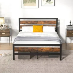 Costway Full/Queen Industrial Metal Platform Bed Frame Rustic Headboard Mattress Foundation