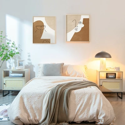 Costway 2PCS Nightstand W/ Cabinet Wooden Side End Table Rattan Decorated Door Oak 2 Costway 2PCS Nightstand W/ Cabinet Wooden Side End Table Rattan Decorated Door Oak - Image 2