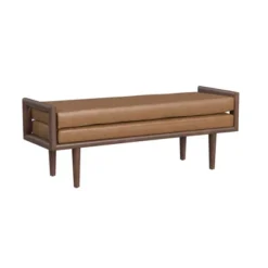 Wood Bench With Upholstered Seat Faux Leather Caramel - HomePop