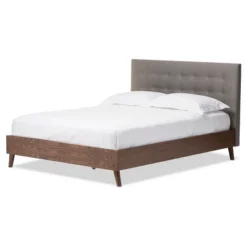 Alinia Mid-Century Retro Modern Fabric Upholstered Walnut Wood Platform Bed - Queen - Baxton Studio -DreamNest Store GUEST 951681c9 9eba 4fe1 897d c101156e592e
