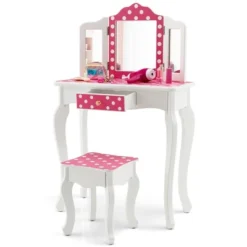 Costway Kid Vanity Set Wooden Makeup Table Stool Tri-Folding Mirror Polka Dot Print Pink 17 Costway Kid Vanity Set Wooden Makeup Table Stool Tri-Folding Mirror Polka Dot Print Pink -DreamNest Store GUEST 95e7fe05 7631 41ca 84b4 e1b451680738