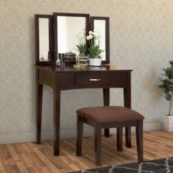 Wooden Vanity Table With 3 Panel Mirror And Padded Stool Brown - Benzara -DreamNest Store GUEST 9619d486 9469 49f5 901a a7a4f84b9d76