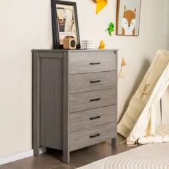 Costway Modern 5 Drawer Chest Storage Dresser Cabinet With Metal Handles Grey Oak -DreamNest Store GUEST 96885bb2 8be2 4c40 94cd b156428134ba