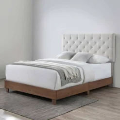 Queen Rhiannon Diamond Tufted Upholstered Fabric Bed Walnut/Beige - Modway -DreamNest Store GUEST 99102b28 1e20 40fd 85a9 e29e07e2b776
