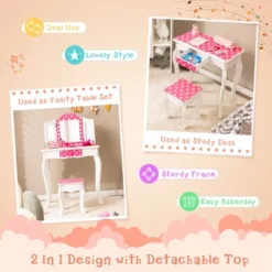 Costway Kid Vanity Set Wooden Makeup Table Stool Tri-Folding Mirror Polka Dot Print Pink 12 Costway Kid Vanity Set Wooden Makeup Table Stool Tri-Folding Mirror Polka Dot Print Pink -DreamNest Store GUEST 9918f93e b07d 468a 88e8 ba911013edd6