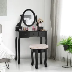 Costway Vanity Table Makeup Table Cushioned Mirror 5 Drawers Black -DreamNest Store GUEST 9d83b4d6 36c8 49ec a05b 2e1f31fe3b60