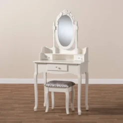 2pc Veronique White Finished Wood Vanity Table With Mirror And Ottoman White - Baxton Studio -DreamNest Store GUEST 9de0152d 3774 4a54 9546 3c1b96daaf3d