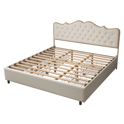 Classic Upholstered Platform Bed With Buckle Backrest, Metal Frame, Solid Wood Ribs And Four Storage Drawers -ModernLuxe 4 Classic Upholstered Platform Bed With Buckle Backrest, Metal Frame, Solid Wood Ribs And Four Storage Drawers -ModernLuxe - Image 4