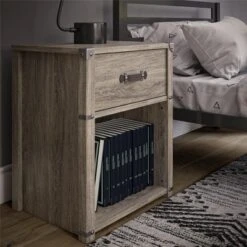 Little Seeds Nova 1 Drawer Storage Nightstand With Leather Drawer Pull, Gray Oak