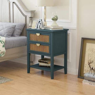 Archie 28.35"H X 15.75"D X 22.05"W Ash Wood Veneer 2 Drawer With Naturel Rattan And Pine Legs Nightstand With Storage - The Pop Maison 11 Archie 28.35"H X 15.75"D X 22.05"W Ash Wood Veneer 2 Drawer With Naturel Rattan And Pine Legs Nightstand With Storage - The Pop Maison - Image 11