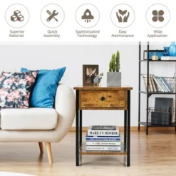 Costway 2PCS Industrial End Side Table Nightstand With Drawer Shelf Rustic Brown -DreamNest Store GUEST a304e93c 6199 40b2 8f1b 9a73a5d51dd7