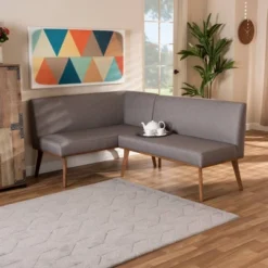 2pc Odessa Mid-Century Modern Fabric Upholstered Wood Dining Corner Sofa Bench Set Walnut/Brown/Gray - Baxton Studio -DreamNest Store GUEST a84dc2a4 fac7 45d5 bed1 3a148b641c10