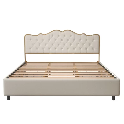 Classic Upholstered Platform Bed With Buckle Backrest, Metal Frame, Solid Wood Ribs And Four Storage Drawers -ModernLuxe 3 Classic Upholstered Platform Bed With Buckle Backrest, Metal Frame, Solid Wood Ribs And Four Storage Drawers -ModernLuxe - Image 3