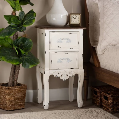 Levron Two-Tone And Antique Wood 2 Drawer Nightstand Walnut Brown/Antique White - Baxton Studio 10 Levron Two-Tone And Antique Wood 2 Drawer Nightstand Walnut Brown/Antique White - Baxton Studio - Image 10