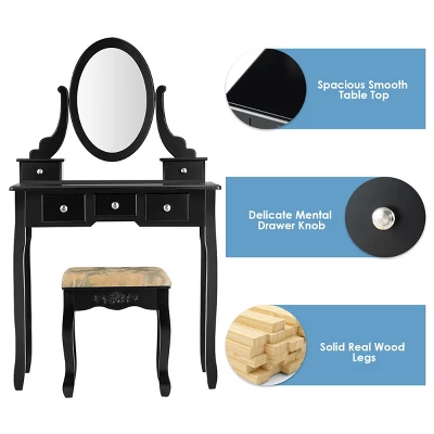 Tangkula Vanity Table Set W/ 360° Rotating Oval Mirror & Drawers Black/White 4 Tangkula Vanity Table Set W/ 360° Rotating Oval Mirror & Drawers Black/White - Image 4
