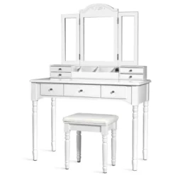 Tangkula 7 Drawers Tri-Folding Vanity Mirror Makeup Dressing Table Set W/ Necklace Hook -DreamNest Store GUEST ae27b0b2 c6bf 4ee8 b8b2 e4b9a315a001